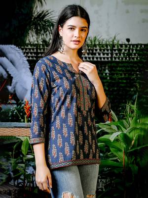  blue cotton floral block print regular top 2