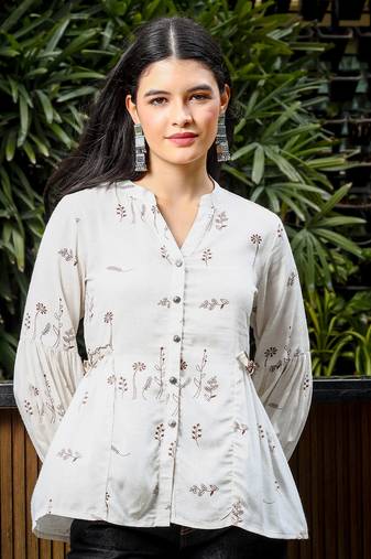  brown and white cotton linen flare shirt style top