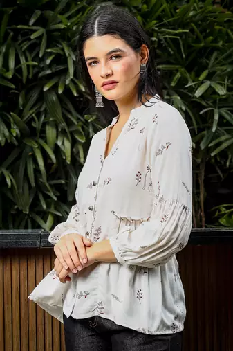  brown and white cotton linen flare shirt style top