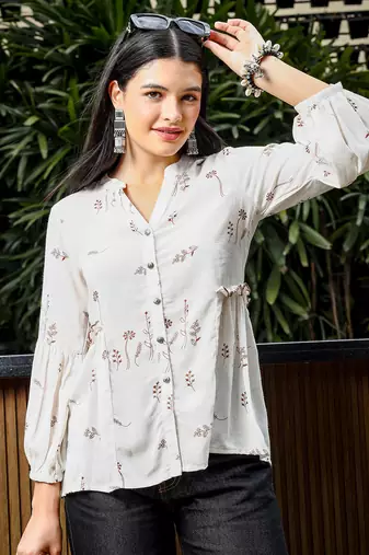  brown and white cotton linen flare shirt style top