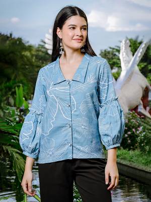  sky blue cotton linen puff sleeveshirt style top 1