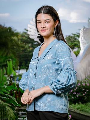  sky blue cotton linen puff sleeveshirt style top 2