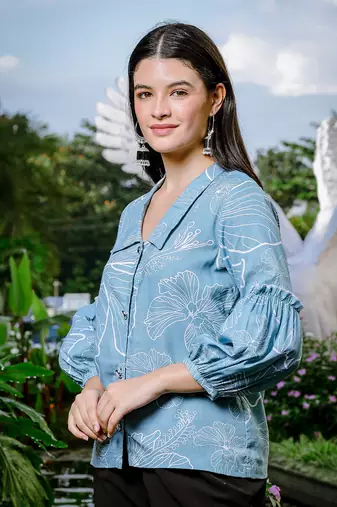  sky blue cotton linen puff sleeveshirt style top