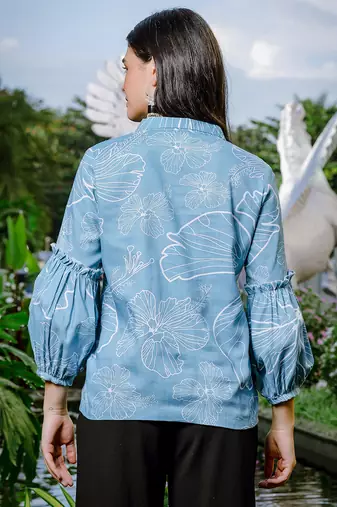  sky blue cotton linen puff sleeveshirt style top