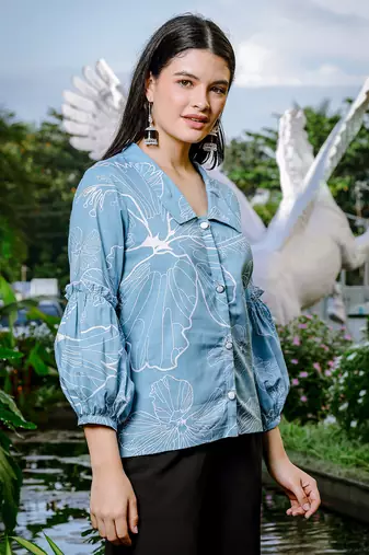  sky blue cotton linen puff sleeveshirt style top