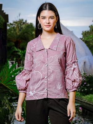  mauve cotton linen puff sleeve shirtshirt style top 1