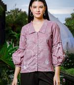  mauve cotton linen puff sleeve shirtshirt style top