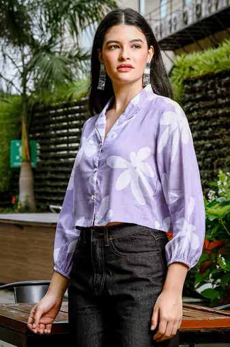  lavender cotton linen bishopsleeve formal shirt style top