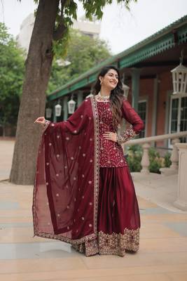 MAROON DESIGNER READYMADE KURTI-PLAZOO-DUPATTA WITH EMBROIDERED WORK 1