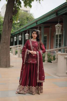 MAROON DESIGNER READYMADE KURTI-PLAZOO-DUPATTA WITH EMBROIDERED WORK 3