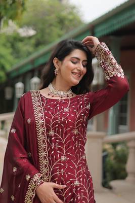 MAROON DESIGNER READYMADE KURTI-PLAZOO-DUPATTA WITH EMBROIDERED WORK 4