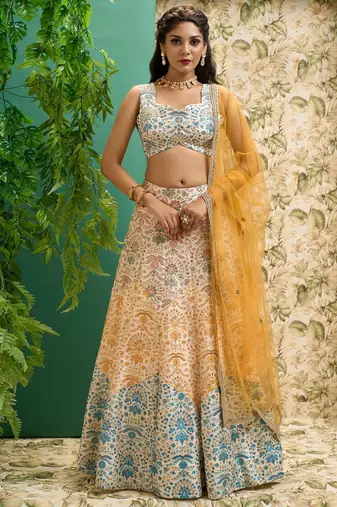 off white printed art silk wedding lehenga set choli with dupatta with dupatta