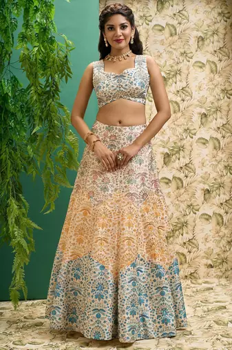 off white printed art silk wedding lehenga set choli with dupatta with dupatta