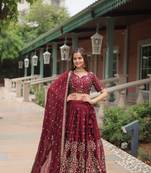 Maroon Art Silk Aari Embroidered Lehenga Choli