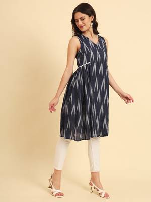  ikat cotton blue workwear kurta with lace detailing 2