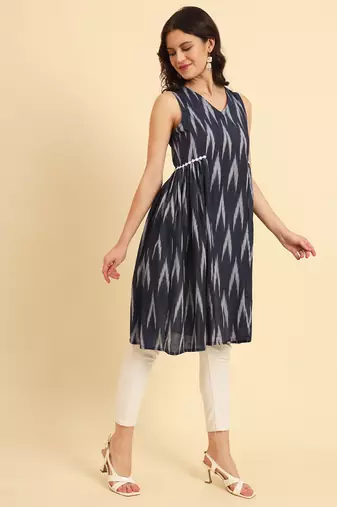  ikat cotton blue workwear kurta with lace detailing