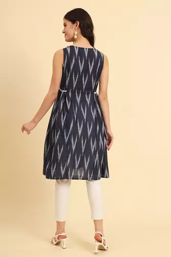  ikat cotton blue workwear kurta with lace detailing