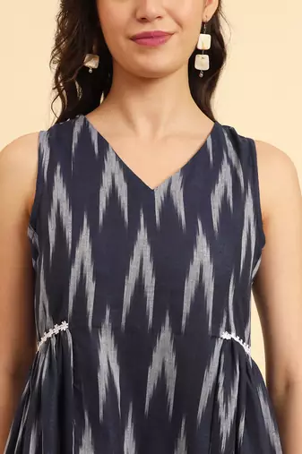  ikat cotton blue workwear kurta with lace detailing