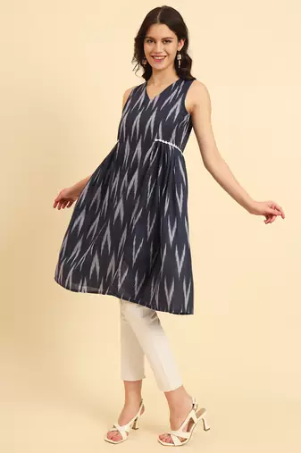  ikat cotton blue workwear kurta with lace detailing