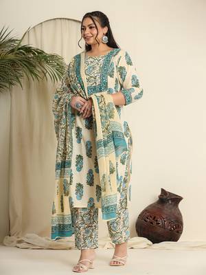  cream pure cotton kurta set with pant & dupatta 1
