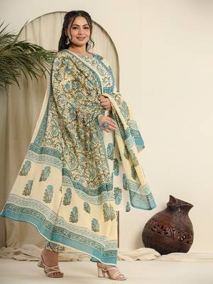  cream pure cotton kurta set with pant & dupatta 2