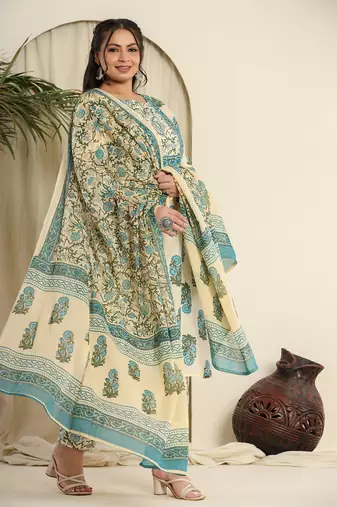  cream pure cotton kurta set with pant & dupatta