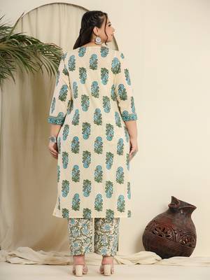  cream pure cotton kurta set with pant & dupatta 3