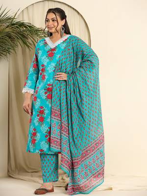  pure cotton blue kurta dupatta pant set with handwork 1