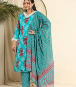  pure cotton blue kurta dupatta pant set with handwork
