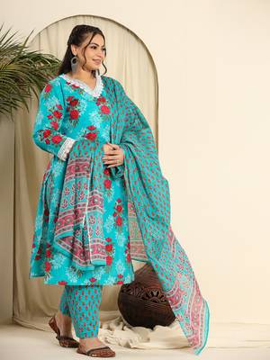  pure cotton blue kurta dupatta pant set with handwork 2