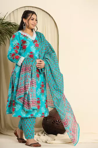  pure cotton blue kurta dupatta pant set with handwork
