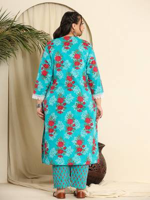  pure cotton blue kurta dupatta pant set with handwork 3
