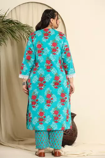  pure cotton blue kurta dupatta pant set with handwork