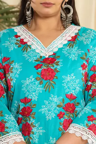  pure cotton blue kurta dupatta pant set with handwork
