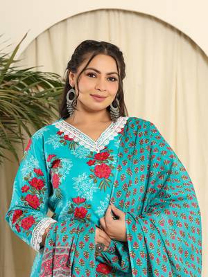  pure cotton blue kurta dupatta pant set with handwork 5