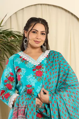  pure cotton blue kurta dupatta pant set with handwork