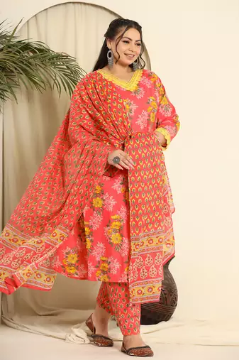  pure cotton pink kurta dupatta pant set with handwork