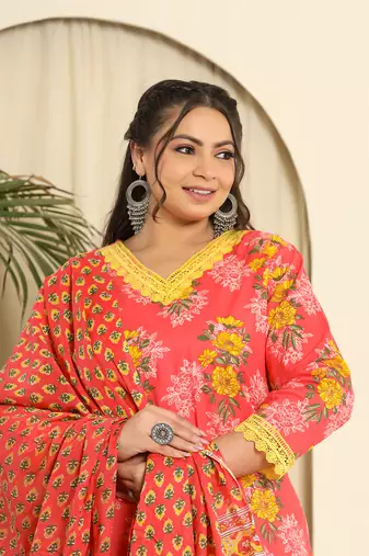  pure cotton pink kurta dupatta pant set with handwork