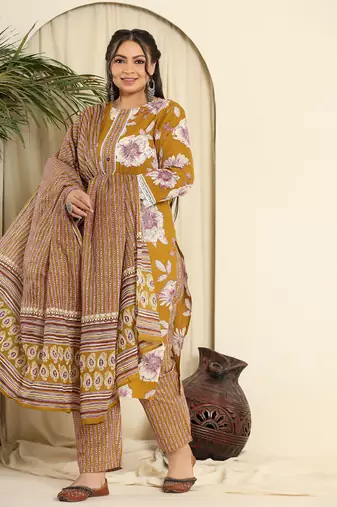  mustard pure cotton kurta dupatta pant set with handwork