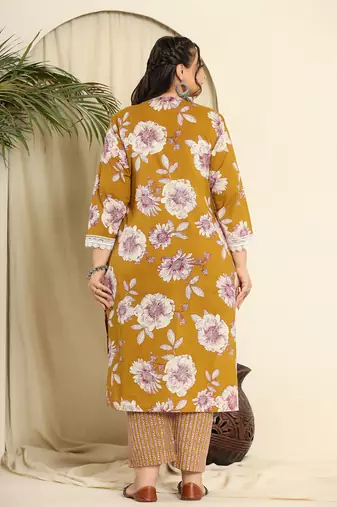  mustard pure cotton kurta dupatta pant set with handwork