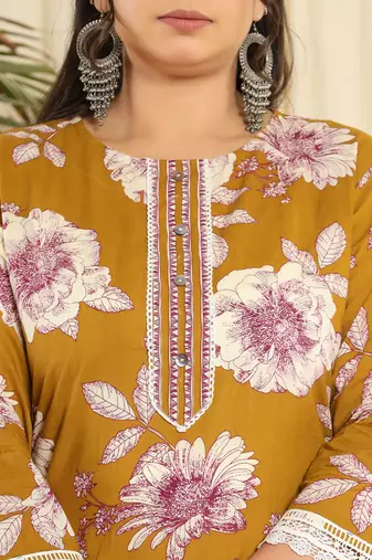  mustard pure cotton kurta dupatta pant set with handwork