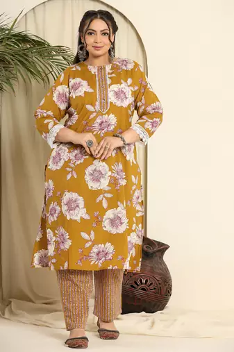  mustard pure cotton kurta dupatta pant set with handwork
