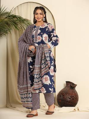  navy blue pure cotton kurta dupatta pant set with handwork 1