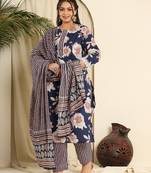  navy blue pure cotton kurta dupatta pant set with handwork
