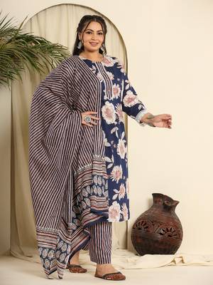  navy blue pure cotton kurta dupatta pant set with handwork 2