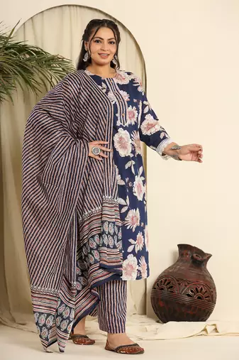  navy blue pure cotton kurta dupatta pant set with handwork