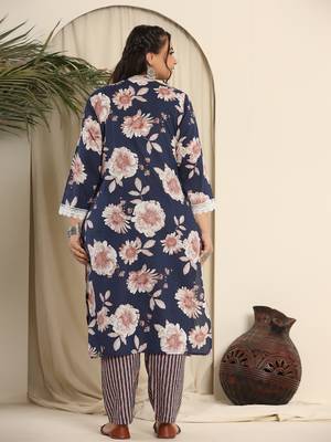  navy blue pure cotton kurta dupatta pant set with handwork 3