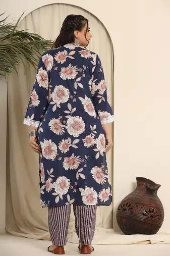  navy blue pure cotton kurta dupatta pant set with handwork