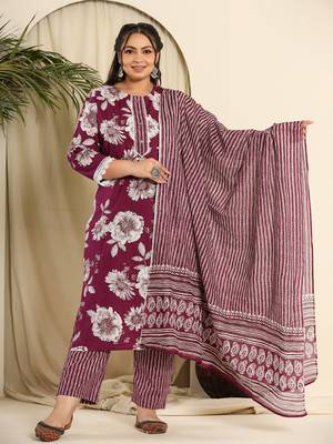 purple pure cotton kurta dupatta pant set with handwork 1