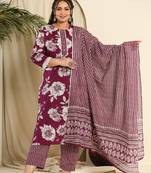 purple pure cotton kurta dupatta pant set with handwork